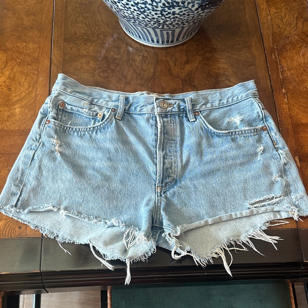 Agolde Light Wash Distressed Denim Cutoff Shorts